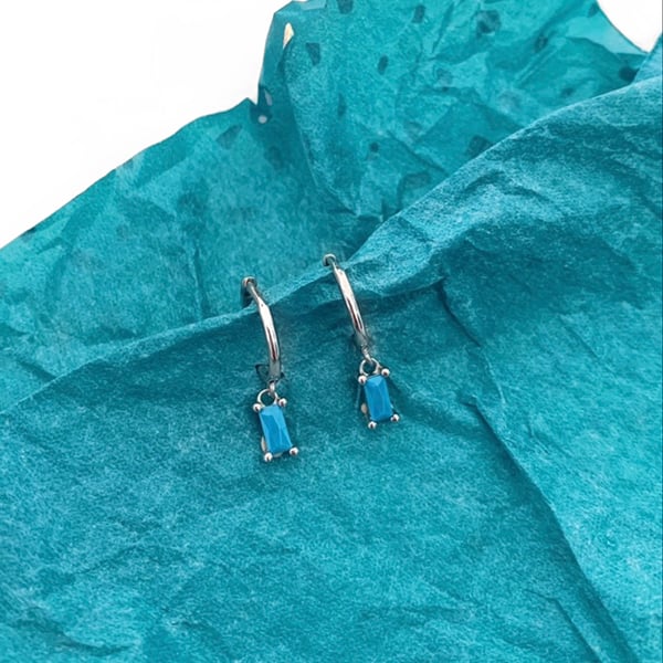 Image of Sterling Silver & Rectangle Turquoise Hoop Earrings