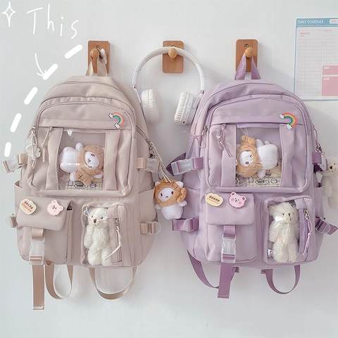 Image of Cute Women Peekaboo Clear Multi Pocket Nylon Backpack Laptop Bag 