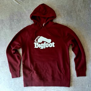 Image of Bigfoot Hoodie.  White on Maroon