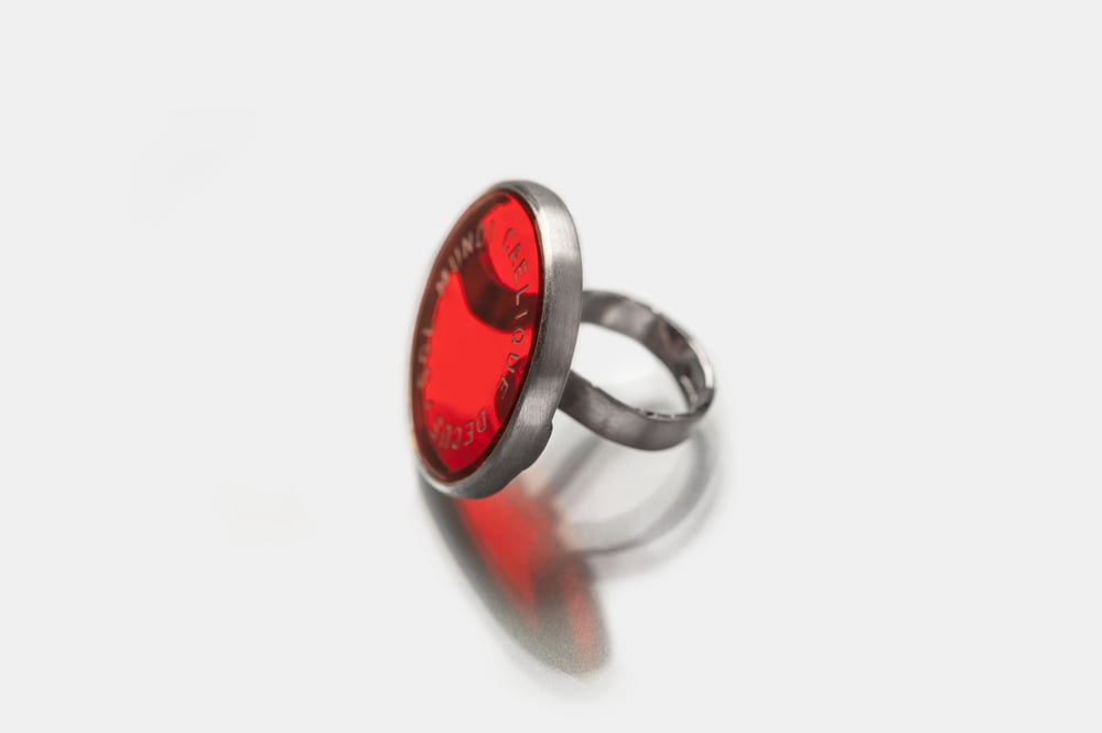 Image of "Worthy to live.." silver ring with red plexiglas · IN AETERNA VIVERE DIGNE ROSA ·