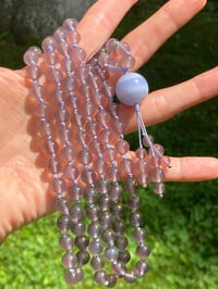 Image 4 of Purple Chalcedony Mala with Blue Lace Agate Guru Bead, Purple Chalcedony 108 Bead Japa Mala