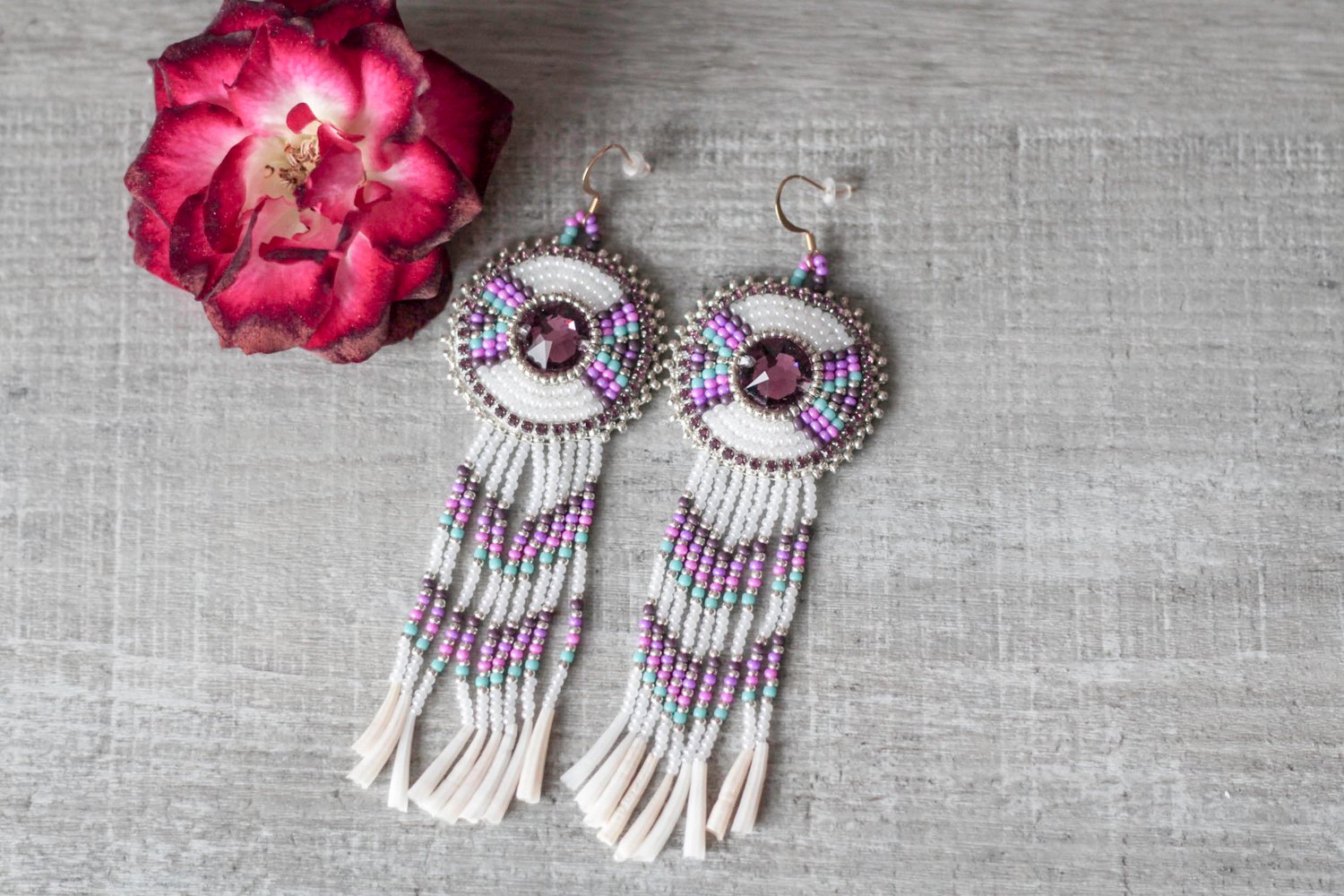 Image of White Indigenous Beaded Fringe Earrings with Dentalium Shell Accents