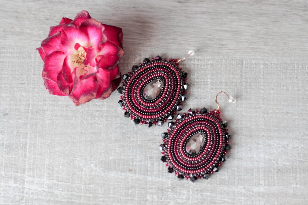 Image of Black and Red Indigenous Beaded Earrings with Swarovski Accents