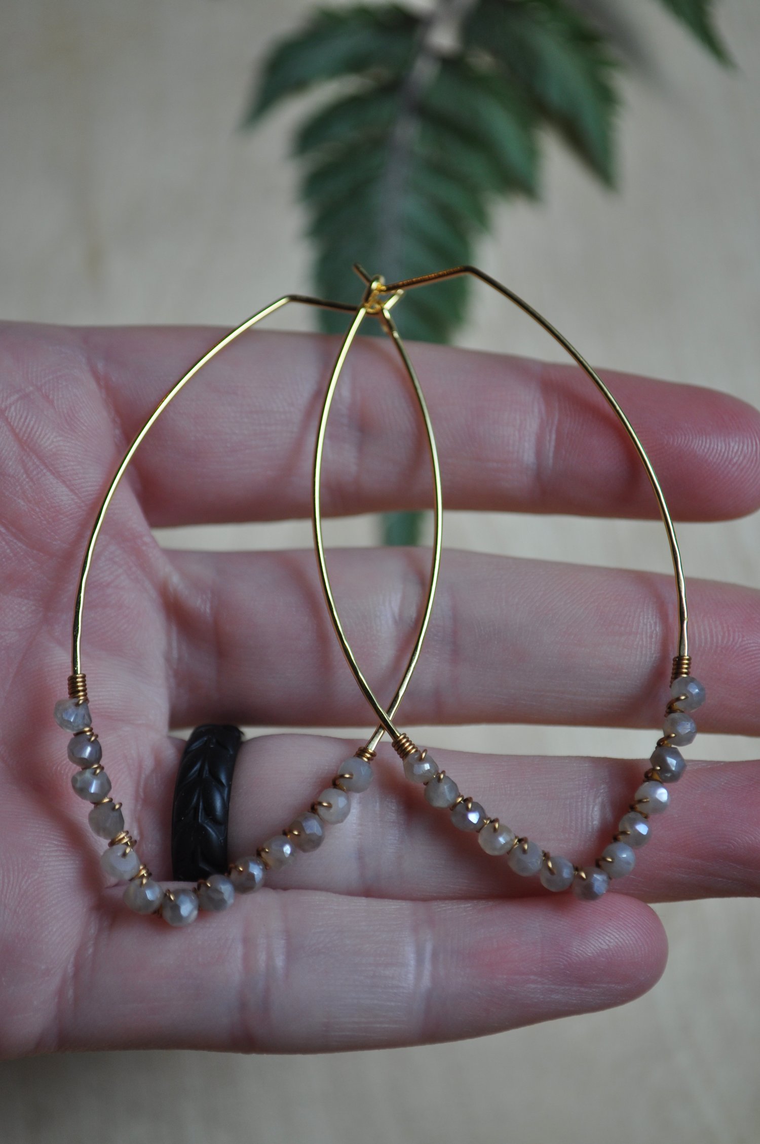 Image of Large Hammered Marquise Hoops in Gray Moonstone