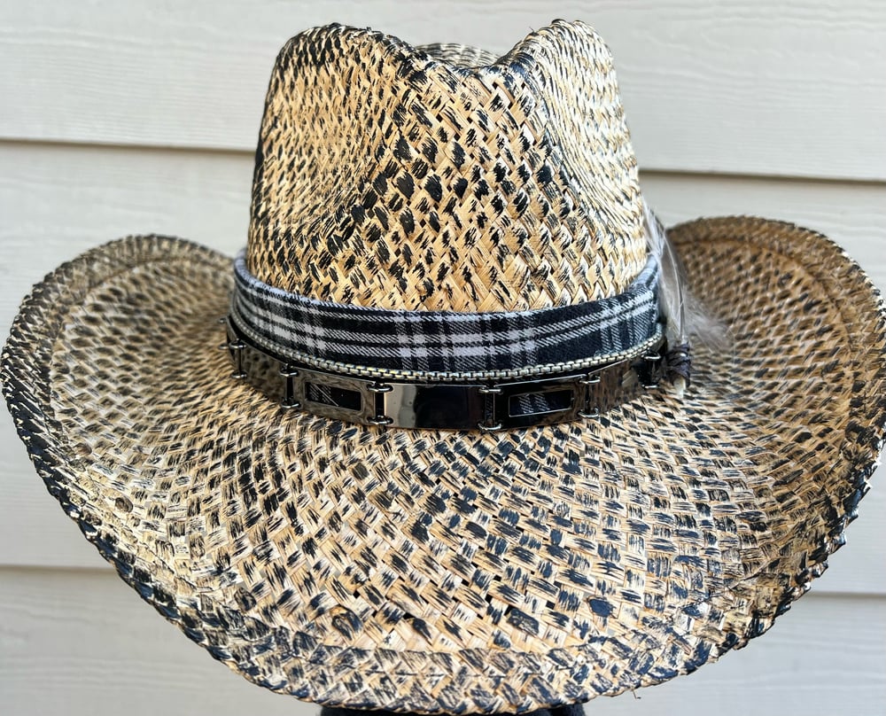 Aged Brown Cowboy Hat Bandanna, Rectangle Chain and Feather Band