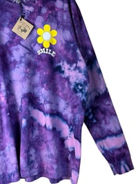 Image 7 of ♻️ UPCYCLED 2X PLUS 100% Cotton Smiley Long Sleeve Graphic Tee in Purple Haze Ice Dye
