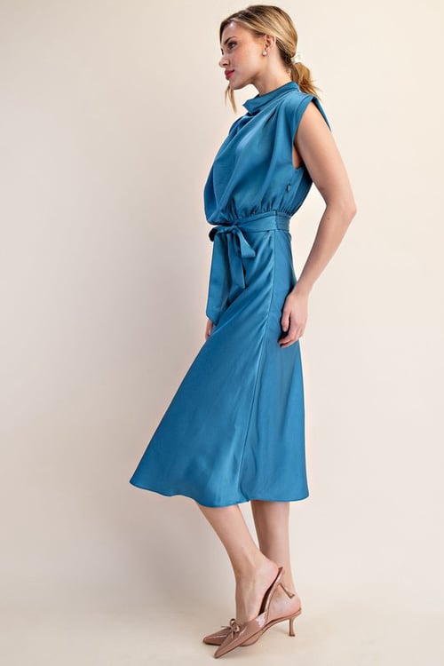 Image of  Mock Neck Sleeveless Midi Dress- Blue