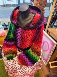 Image 5 of HOCUS POCUS - handmade crochet art - brown red green crop hooded jumper - flared bell sleeve