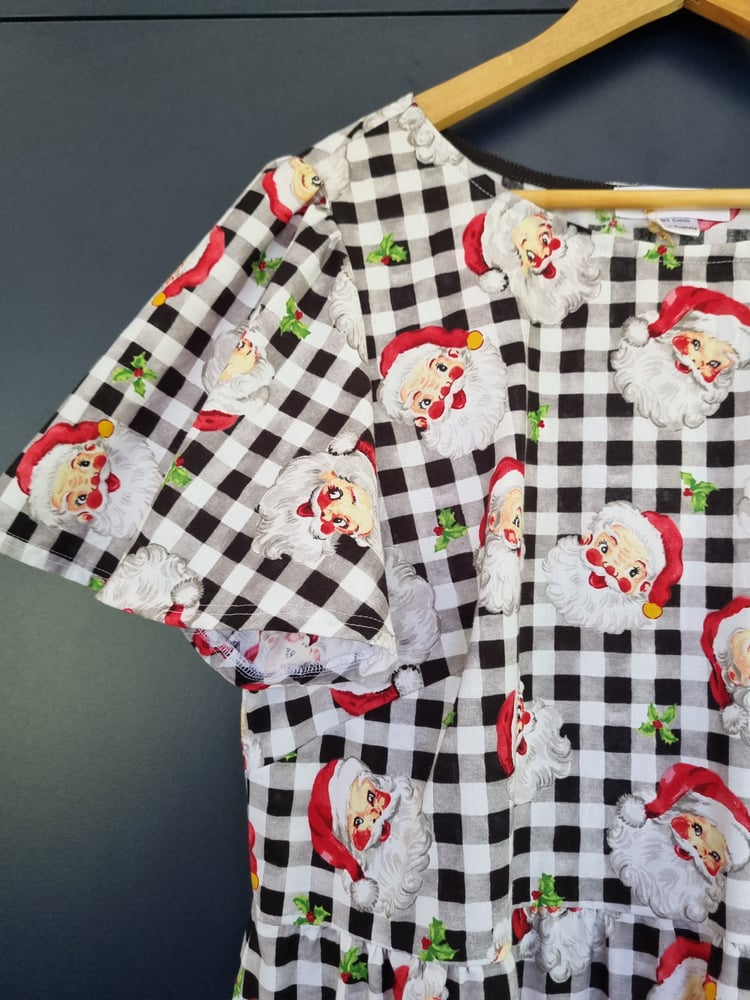 Image of ZADIE GINGHAM SANTA FRILL & FLUTTER SLEEVE. AVAILABLE IN EXTRA SMALL & EXTRA LARGE