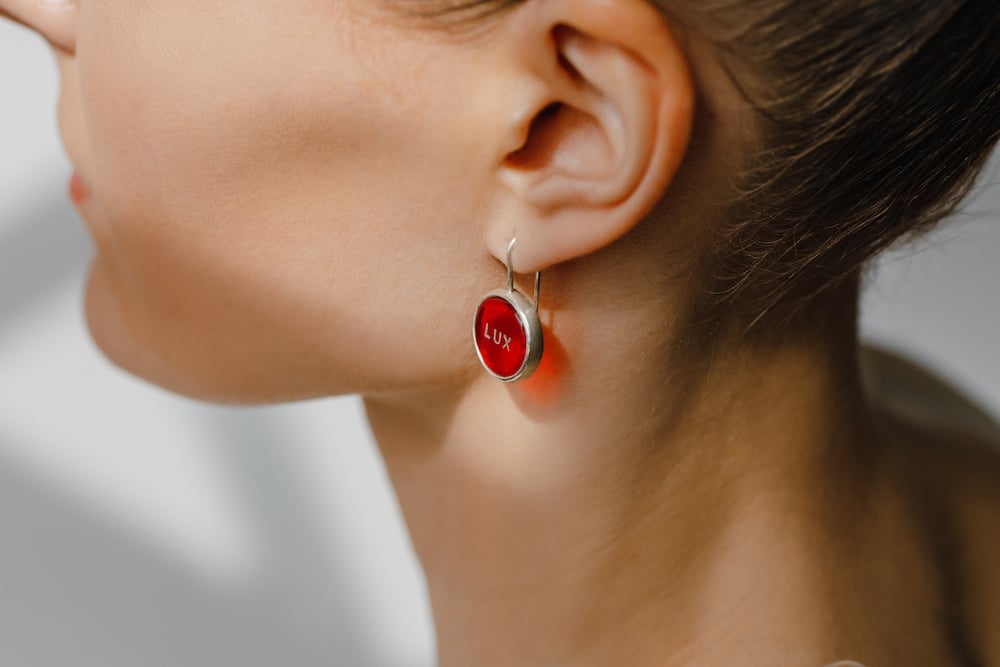 Image of "Light of the sun" sterling silver earrings with red acrylic glass 15mm · LUX SOLIS ·