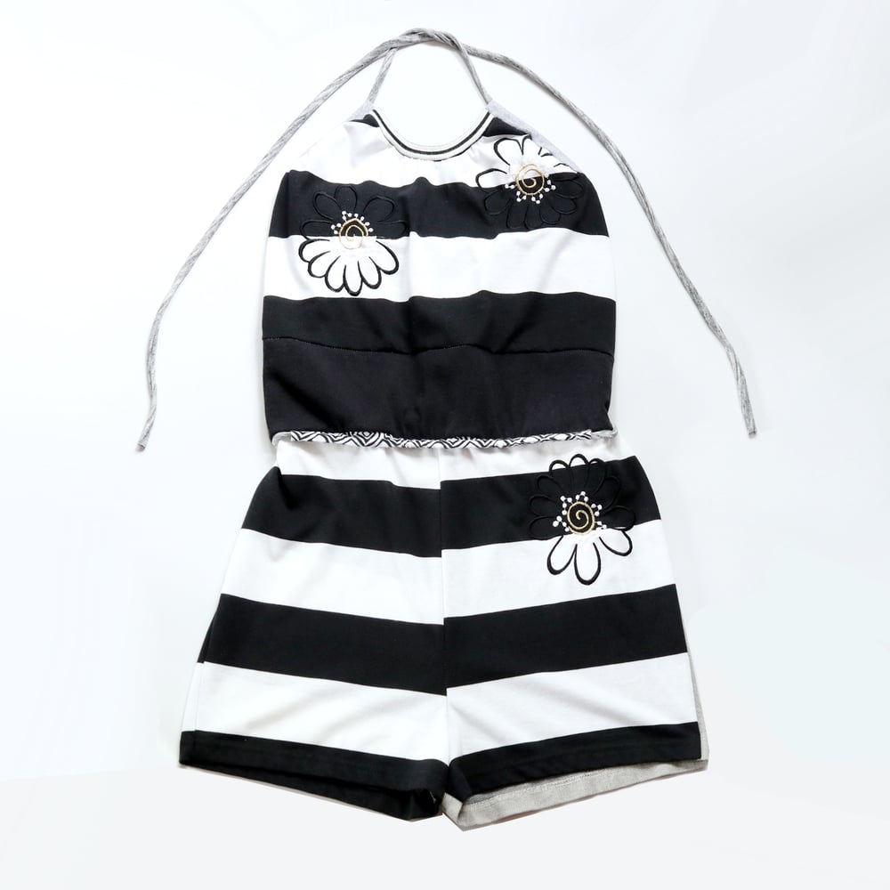 Image of black and white stripe halter waist tie courtneycourtney adult L large romper coverup adjustable 