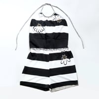 Image 1 of black and white stripe halter waist tie courtneycourtney adult L large romper coverup adjustable 