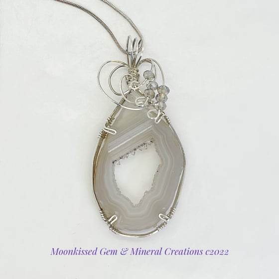 Image of Geode Slice and Glass Bead Sterling Silver Wirewrapped Pendant
