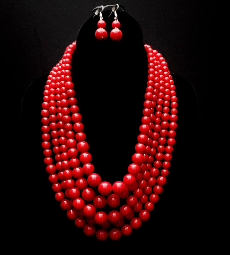 Image of Red Five Layered Necklace Set 