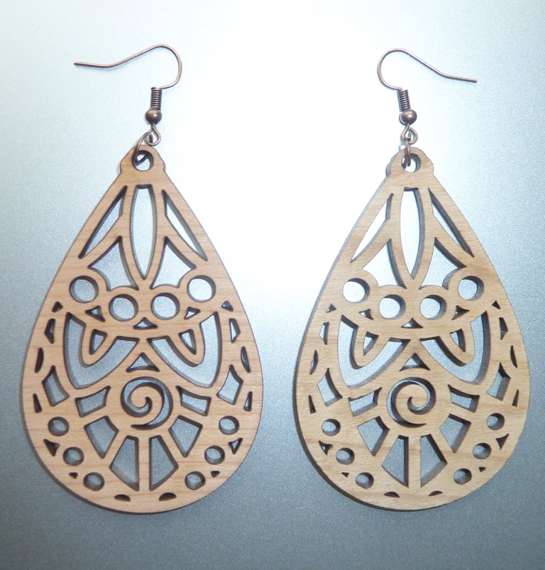 Image of CHERRY WOOD LASER CUT EARRINGS TRIBAL WITH ANTIQUE COPPER HOOKS