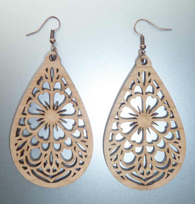Image of CHERRY WOOD EARRINGS SACRED FLOWER  WITH ANTIQUE COPPER HOOKS