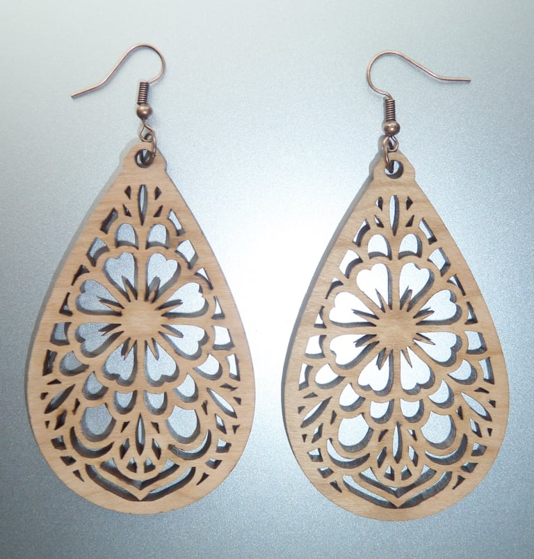 Image of CHERRY WOOD EARRINGS SACRED FLOWER WITH ANTIQUE COPPER HOOKS