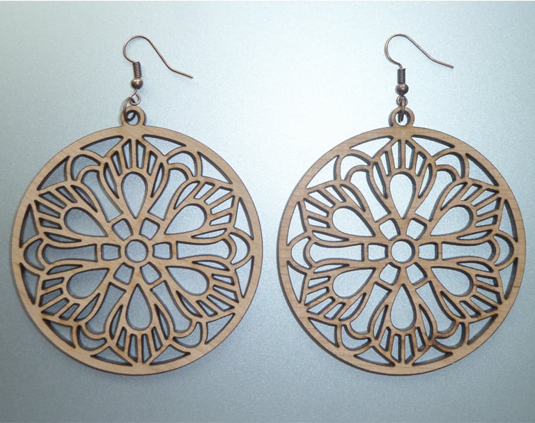 Image of CHERRY WOOD LASER CUT EARRINGS FLOWER WITH ANTIQUE COPPER HOOKS