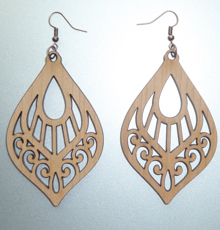 Image of CHERRY WOOD LASER CUT EARRINGS TEAR DROP WITH ANTIQUE COPPER HOOKS