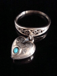 Image 1 of Victorian 9ct rose gold lovers knot dangle heart double side turquoise ring