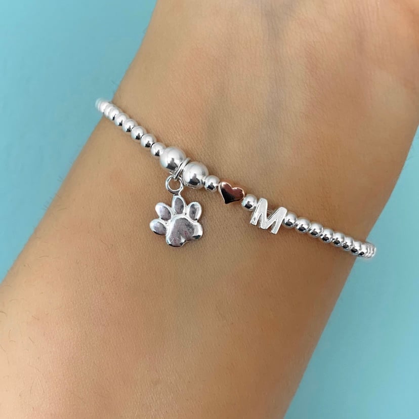 Image of Sterling Silver Paw Print Charm Bracelet with Initial