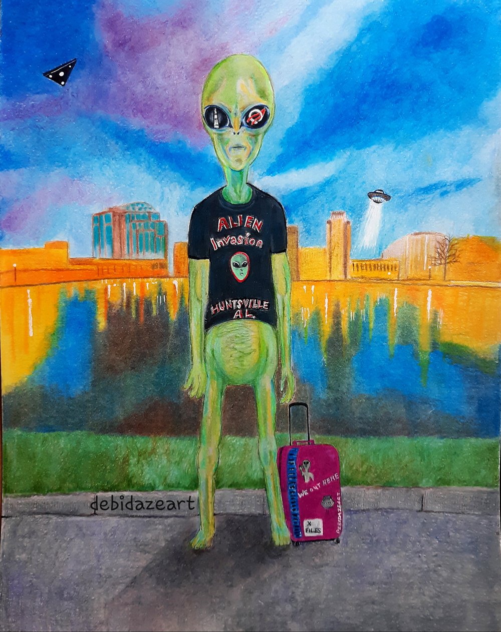 Image of Alien Invasion original painting art art Huntsville nasa aliens ufo uap 11x14 new roswell 