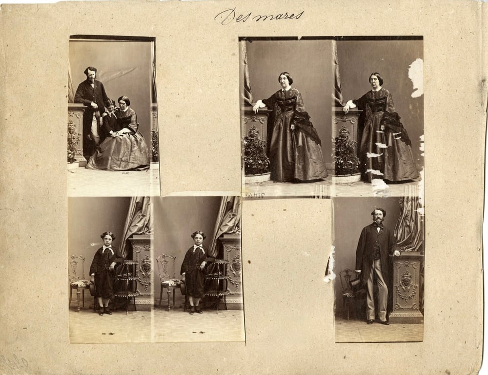 Image of Disderi: an uncut sheet of six CdV of the Desmares family