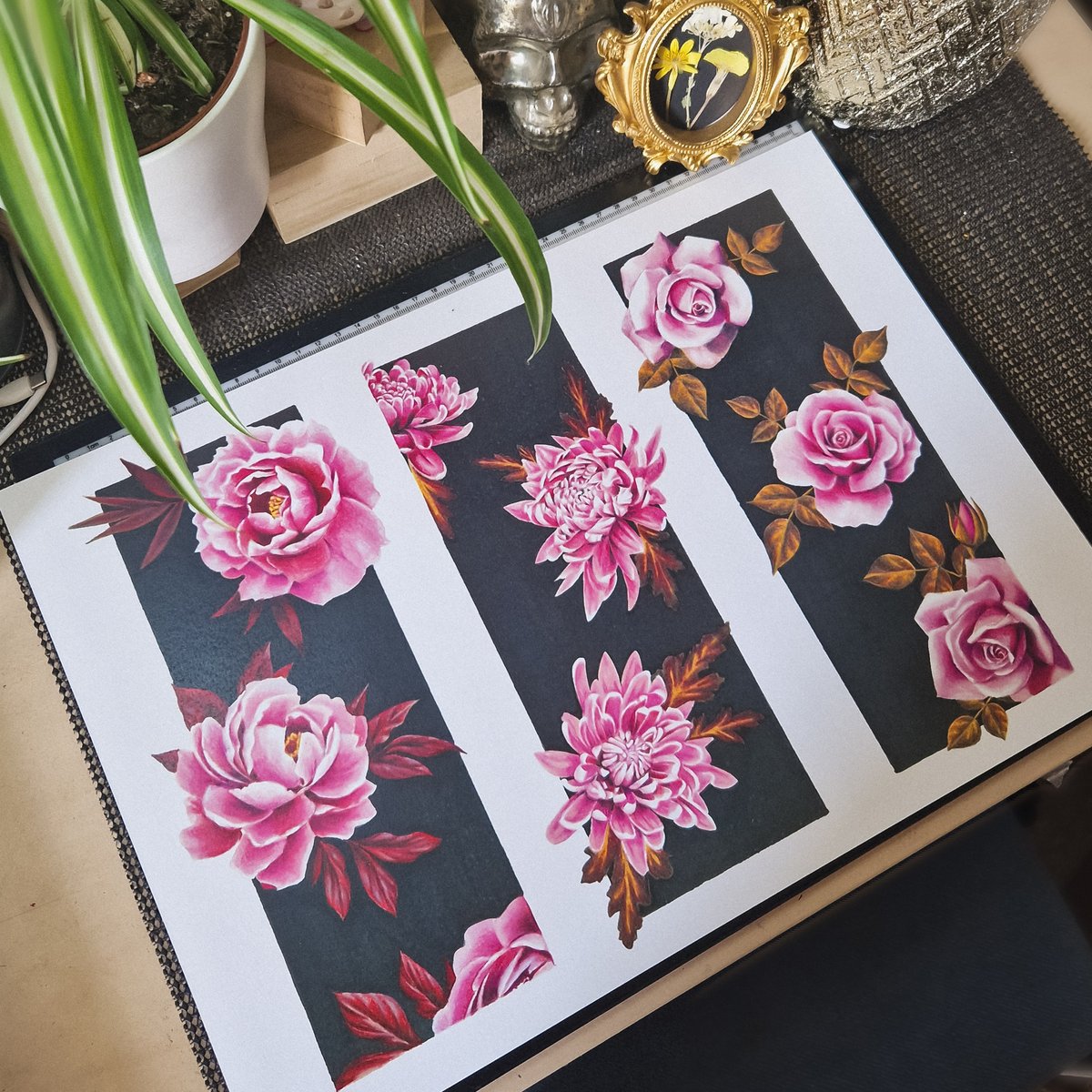 A3 Pink and Black Flower Print
