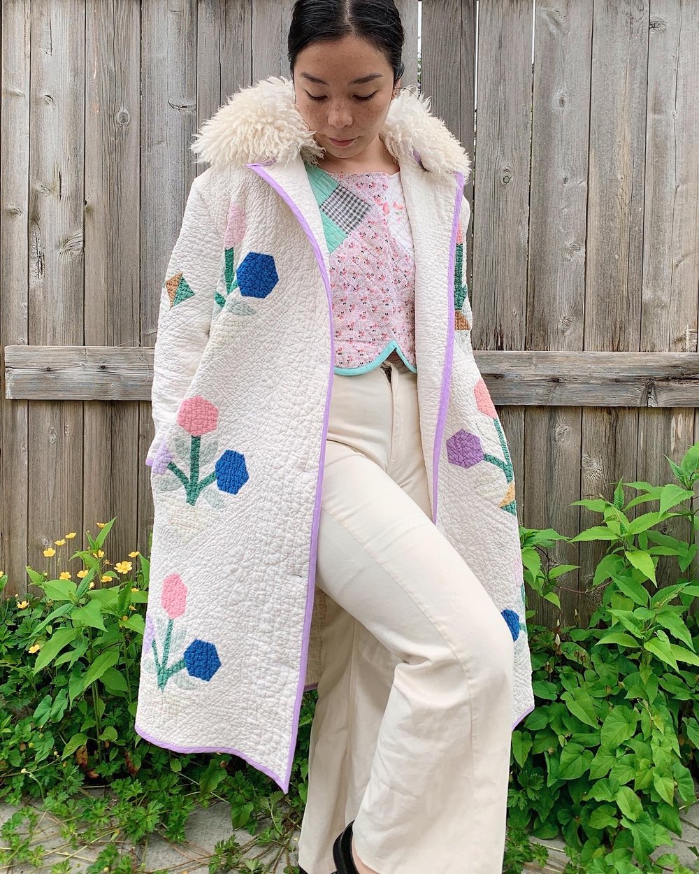 Image of Shearling Quilt Duster Coat — White Flower Baskets