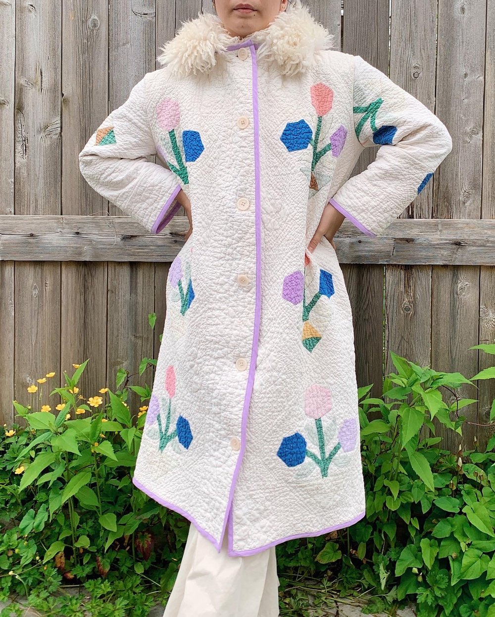 Image of Shearling Quilt Duster Coat — White Flower Baskets