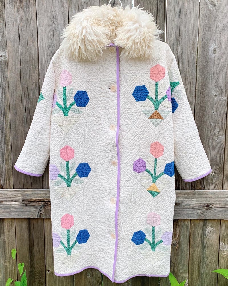 Image of Shearling Quilt Duster Coat — White Flower Baskets