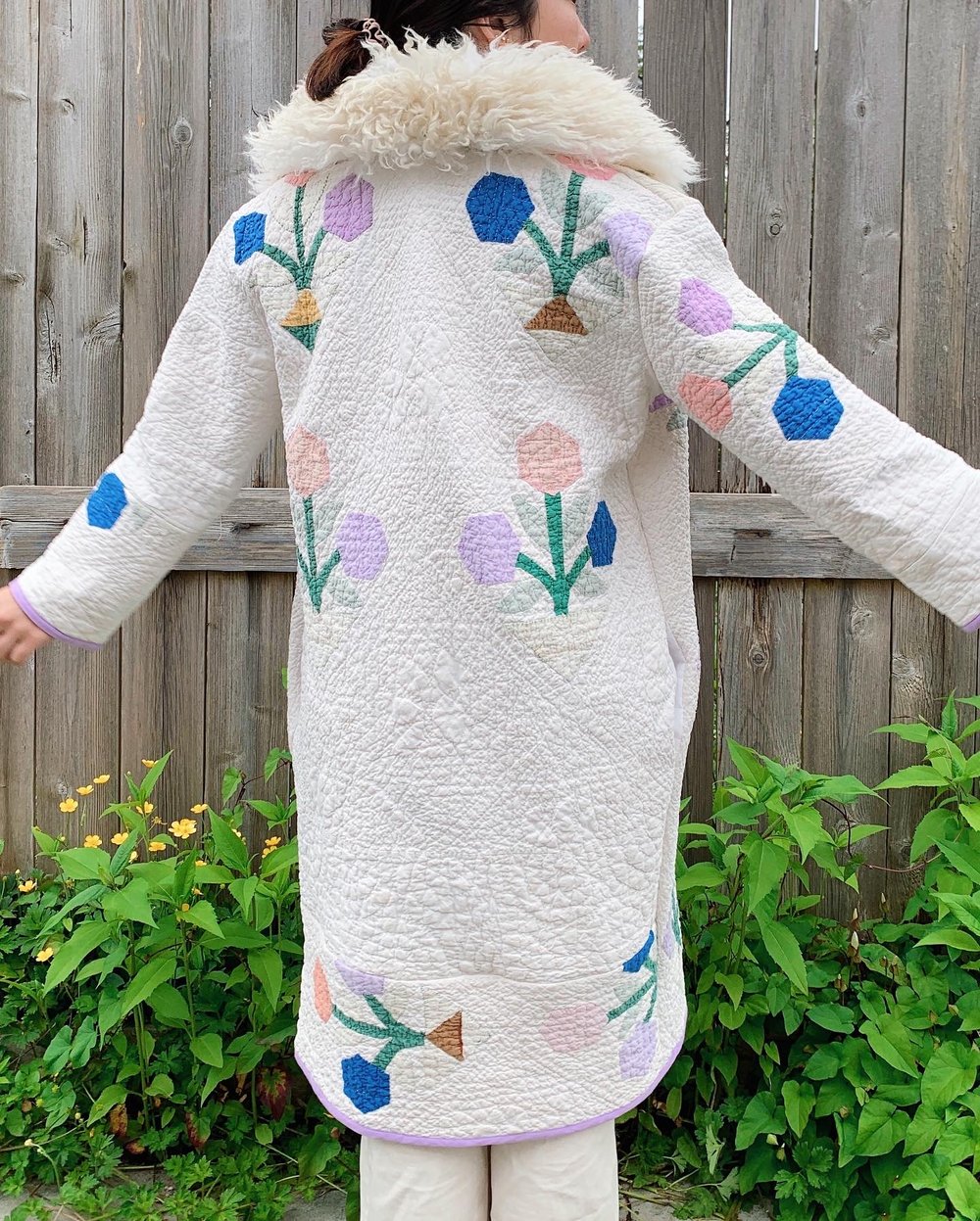 Image of Shearling Quilt Duster Coat — White Flower Baskets