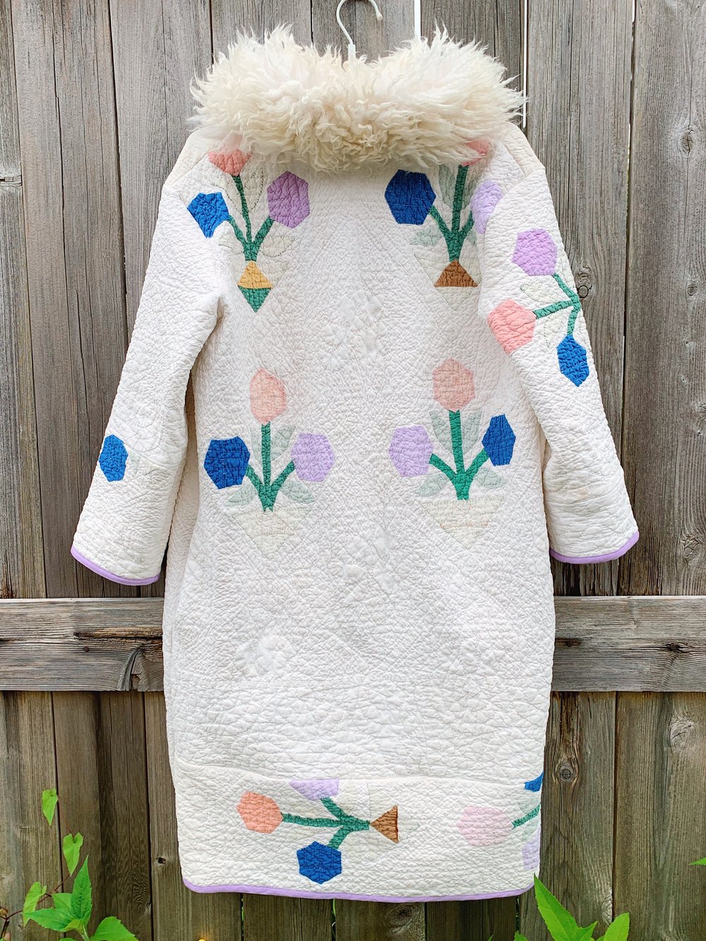 Image of Shearling Quilt Duster Coat — White Flower Baskets
