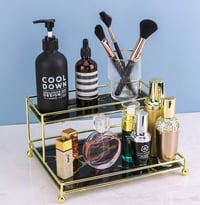 Image 2 of Black Makeup Organizer, 2-Tier Glass Vanity Tray 