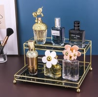 Image 3 of Black Makeup Organizer, 2-Tier Glass Vanity Tray 