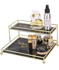 Image 1 of Black Makeup Organizer, 2-Tier Glass Vanity Tray 