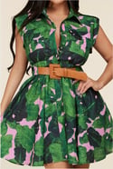 Blush Pink Green Leaflet Dress with Belted Waist