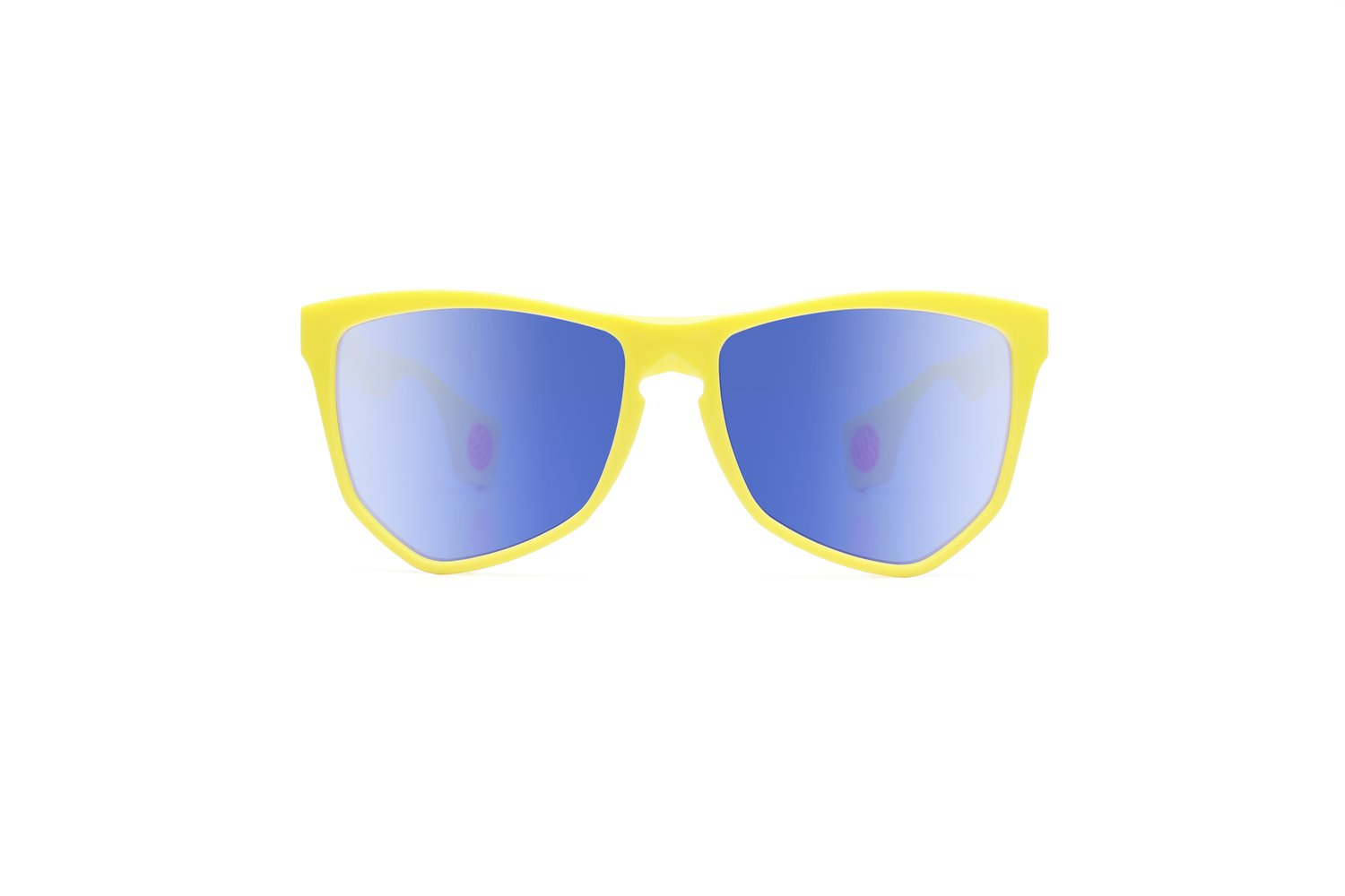 Image of NYLAARN Bio-Yellow “Mud Flaps” Blend Sunglasses - Auto-Darkening Rosé-to-Gray + Blue Mirror