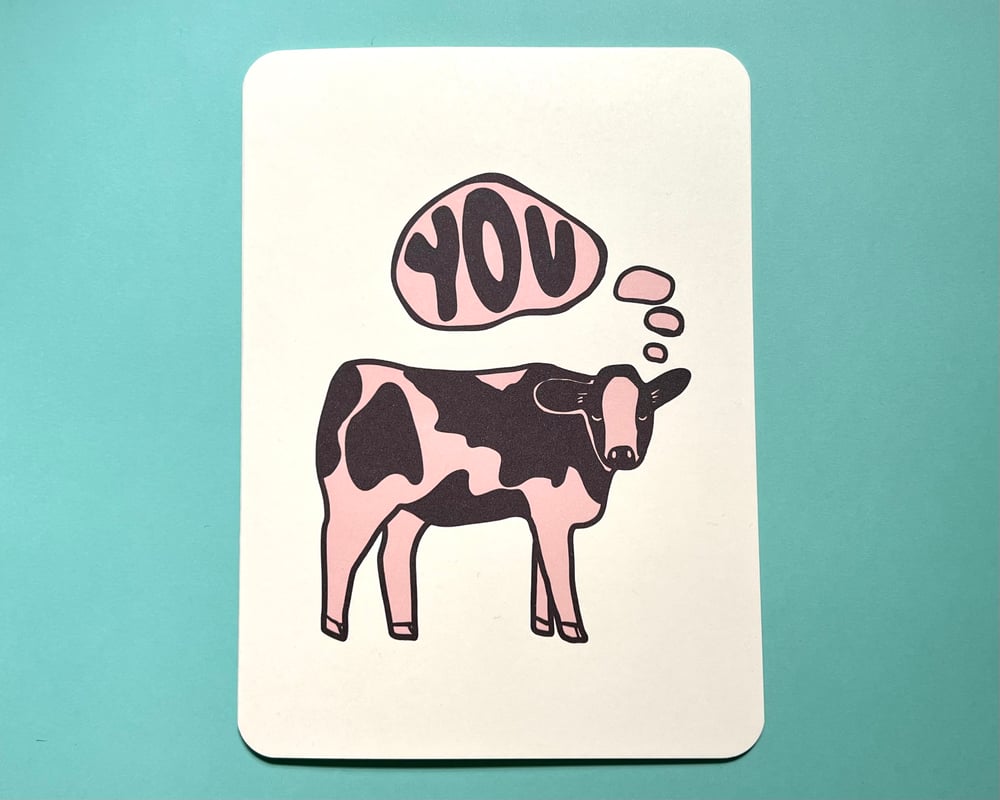 Image of Thinking of You card with pink cow illustration