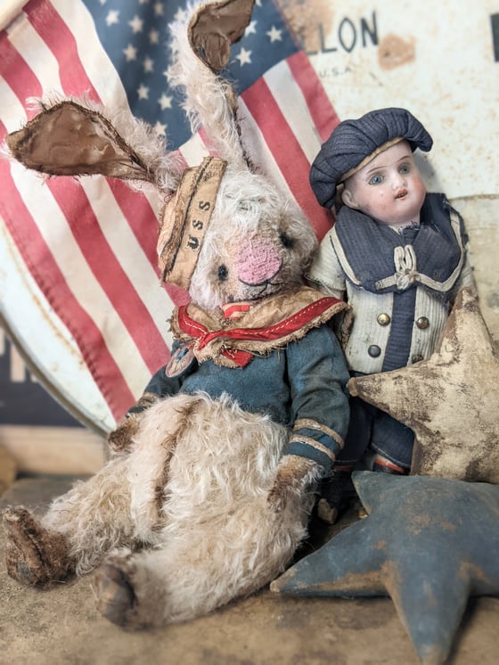 Image of 14"  Old Vintage Cream Mohair Sailor Rabbit in Sailor outfit & hat by Whendi's Bears 