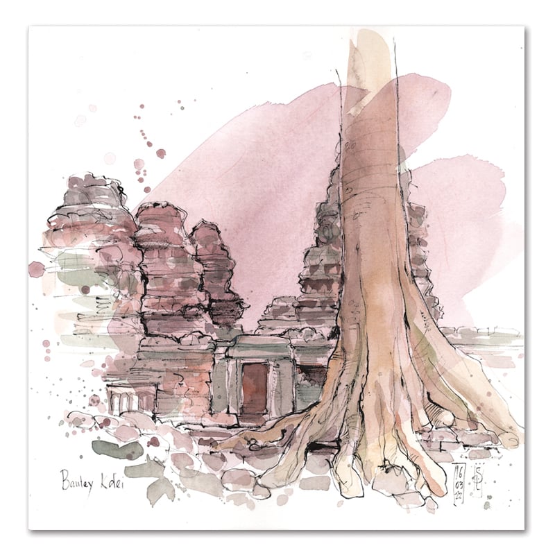 Image of Original Painting - "Vue matinale du Banteay Kdei" - Cambodge - 30x30 cm