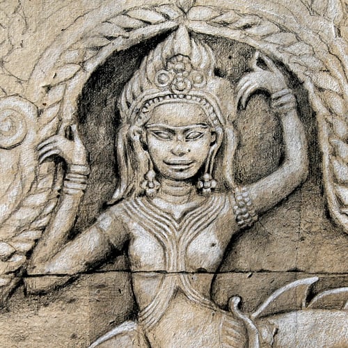 Image of Original drawing - "Apsara au Banteay Kdei" - 40x40 cm