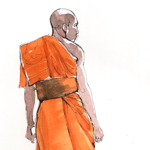Image of Original Painting - "Cinq moines bouddhistes et novices" - Cambodge - 34x48 cm