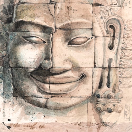 Image of Original Painting - "Le sourire d'Avalokiteshvara au Temple Bayon" - Cambodge - 30x30 cm
