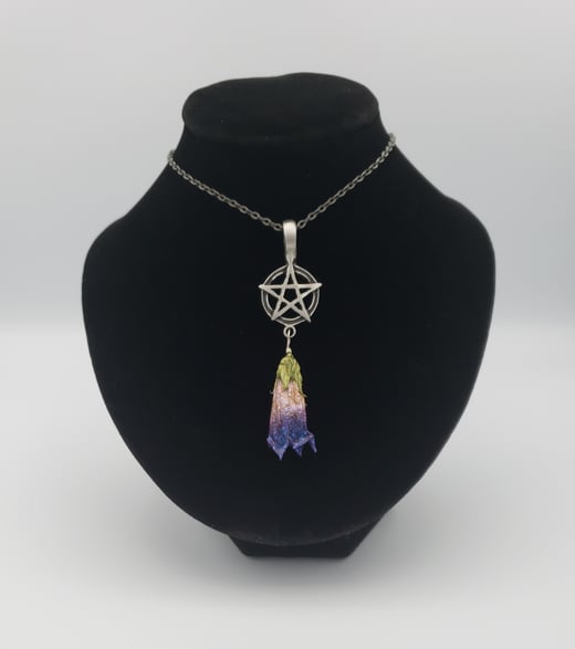 Iridescent Shimmering Purple REAL Preserved Deadly Nightshade Antiqued Pewter Pentacle Pendant