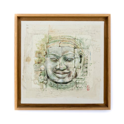 Image of Original Painting - "Le sourire d'Avalokiteshvara en vert au Temple Bayon" - Cambodge - 30x30 cm