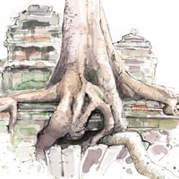 Image 2 of Original Painting - "Vue du Ta Prohm" - Cambodge - 30x30 cm