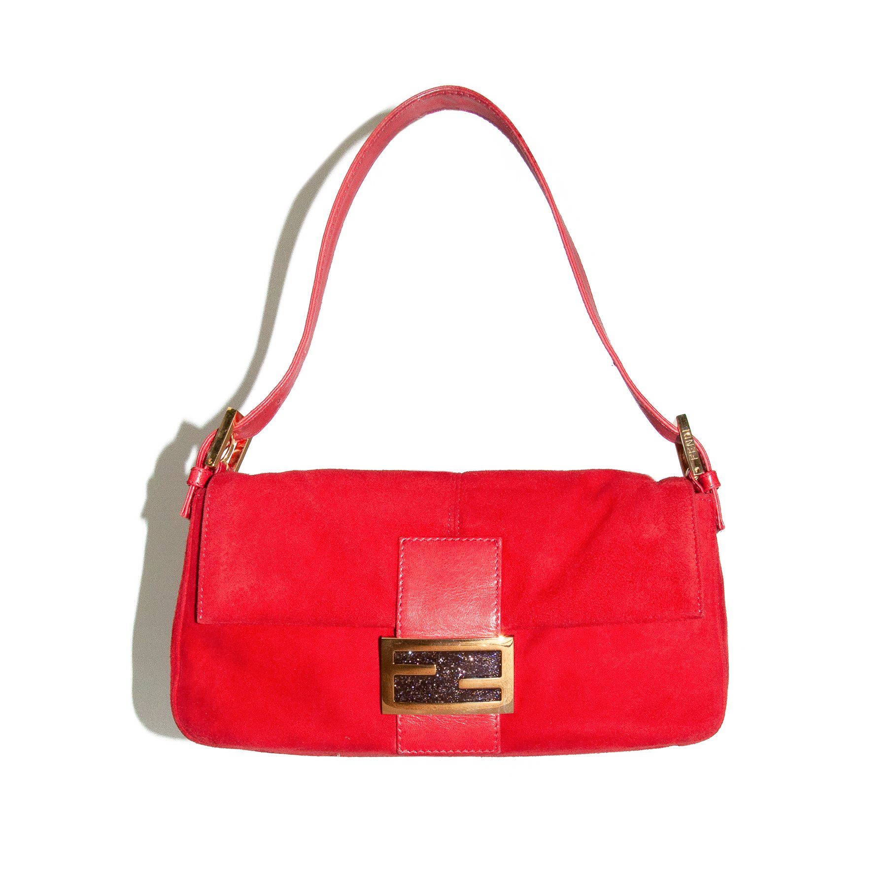 Image of Fendi Suede Baguette Shoulder Bag Red
