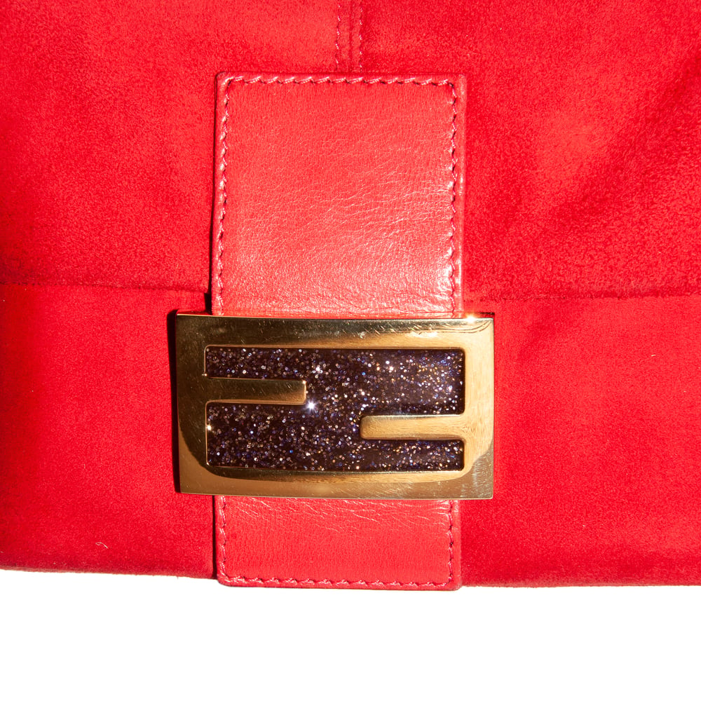 Image of Fendi Suede Baguette Shoulder Bag Red