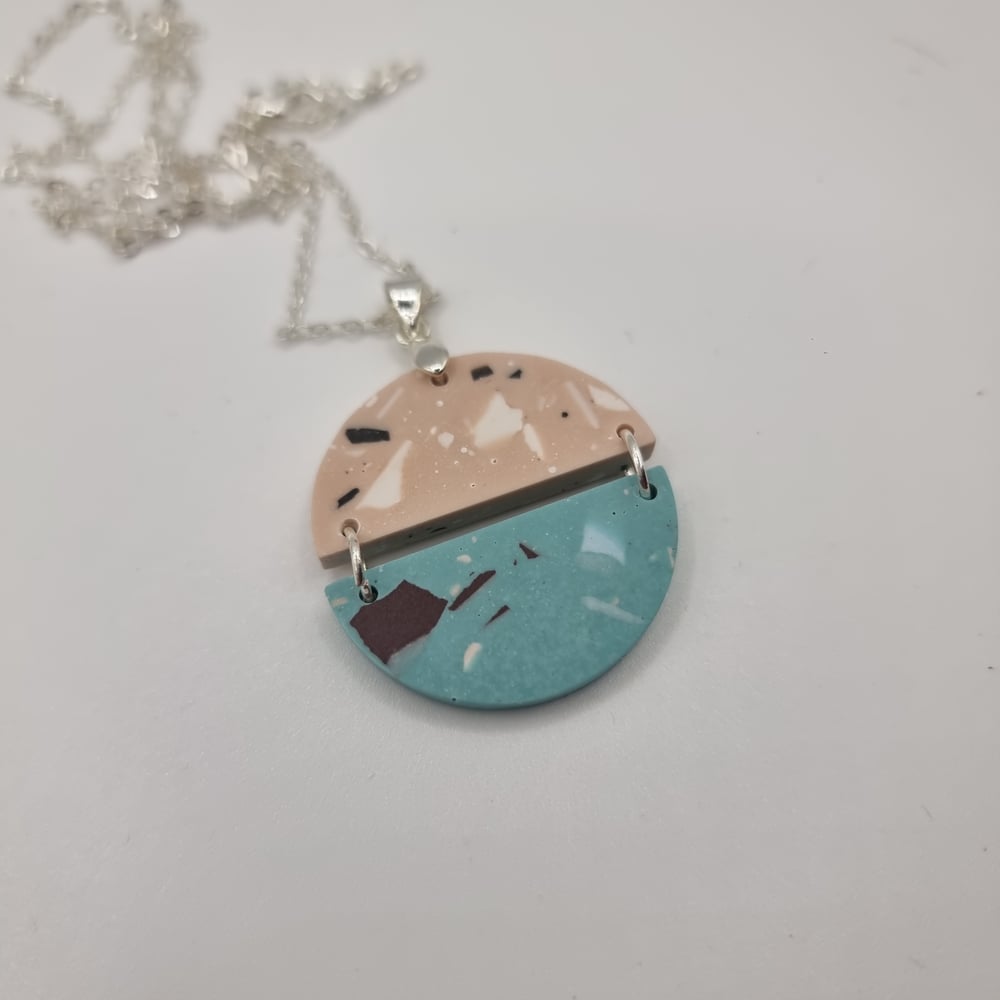 Image of Blue and Pink Split Circle Terrazzo Necklace